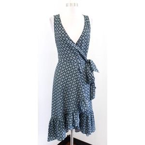 Tory Burch Black Batik Medallion Logo Print Ruffle Midi Wrap Dress Size 0